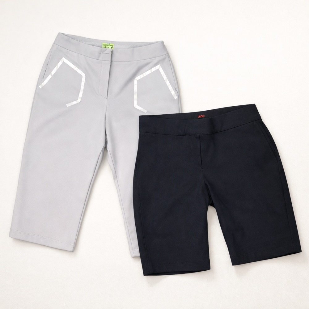 IZOD Gray Reflector Pocket Golf Capris + Navy Bermuda Shorts Lot 2 Sz 6